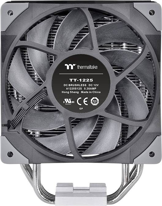 Un ventilatore per case di computer con pale rotoriche circolari e un'etichetta centrale con informazioni del produttore Thermaltake.