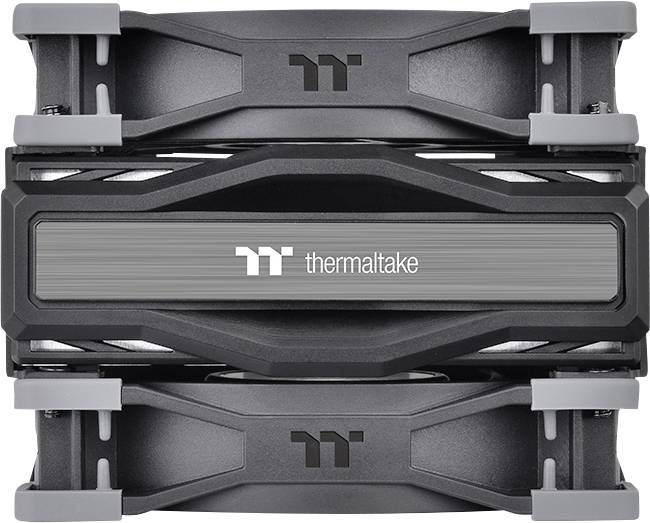 Ventola Thermaltake con chassis nero e accenti grigi, vista dall'alto.
