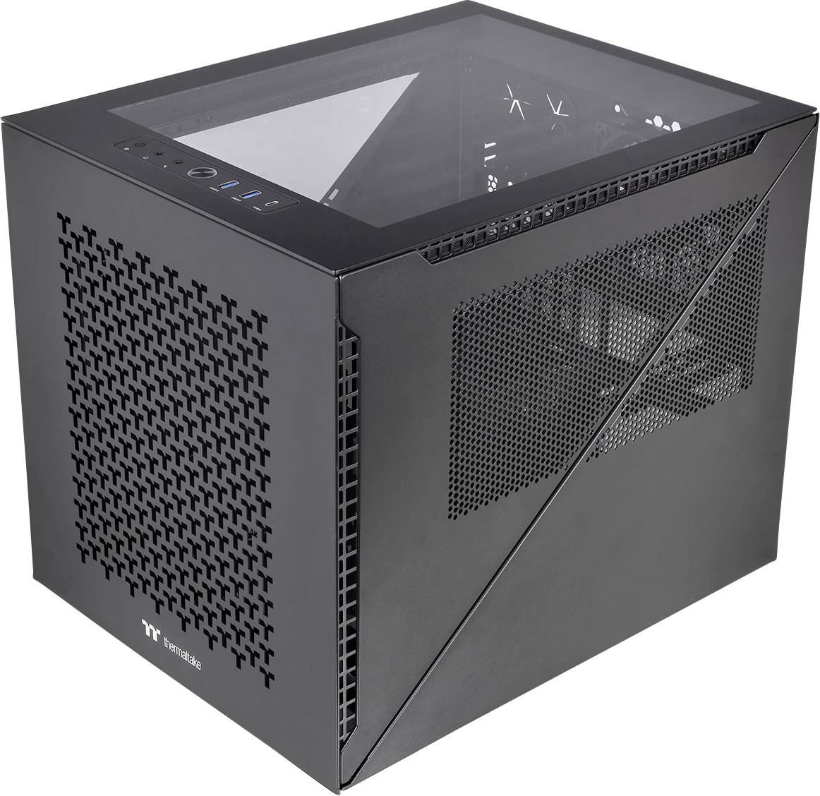 Custodia per computer nera, cubica, con lati perforati e coperchio superiore in vetro, che mostra una moderna ventilazione ed estetica di design.