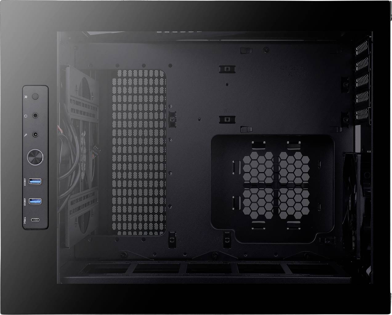 Case PC nero senza componenti, vista laterale sinistra con due porte USB e tasto di accensione sul pannello frontale.
