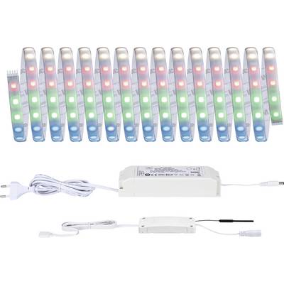 Strisce LED multicolore luminose; adattatore di rete bianco e scatola di controllo con cavi. Ideale per l'illuminazione decorativa degli ambienti.