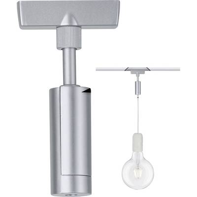 Adattatore cilindrico per binario, argento, abbinato a una lampadina trasparente su un cavo bianco. Ideale per l'illuminazione su binario.