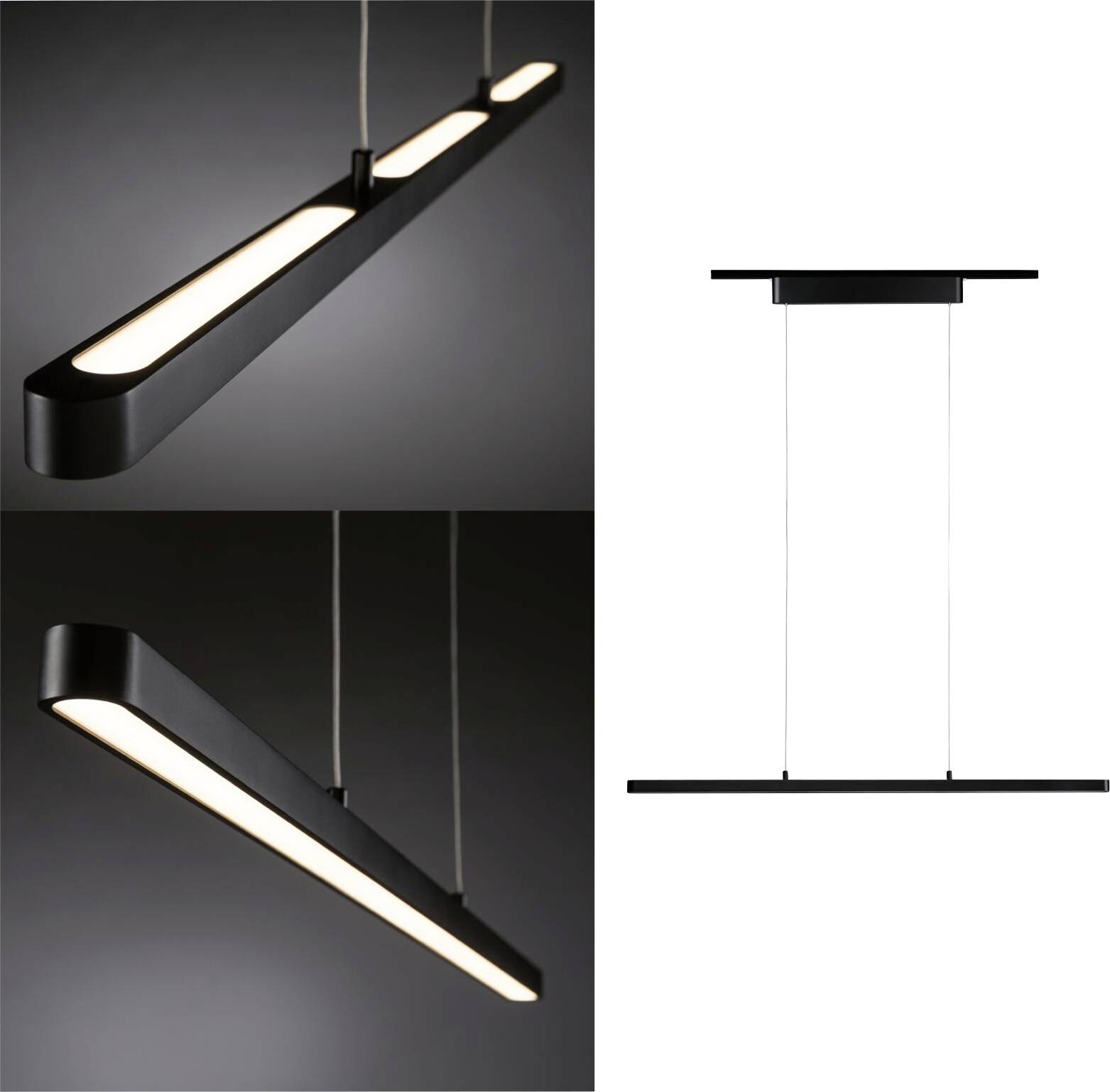 Lampada a sospensione moderna e allungata in nero con corpo illuminante rettangolare e sottile. Adatta per tavoli da pranzo o sale riunioni.