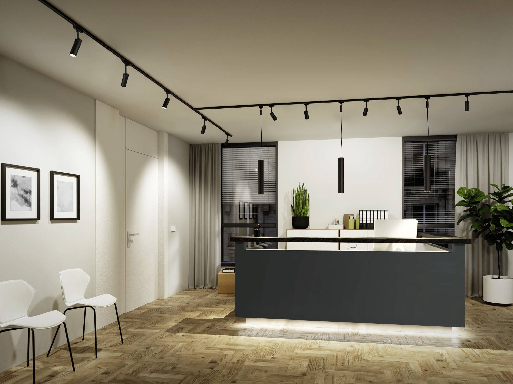 Cucina moderna con pavimento in legno, isola con lampadari a sospensione neri e decorazione verde. Sedie bianche sulla parete.