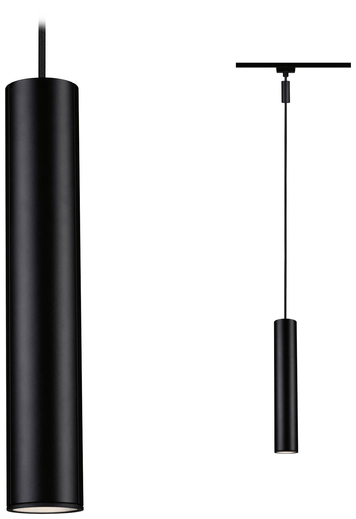 Lampada a sospensione cilindrica nera con design sottile, appesa a un cavo lungo. Moderna e minimalista, ideale per interni.