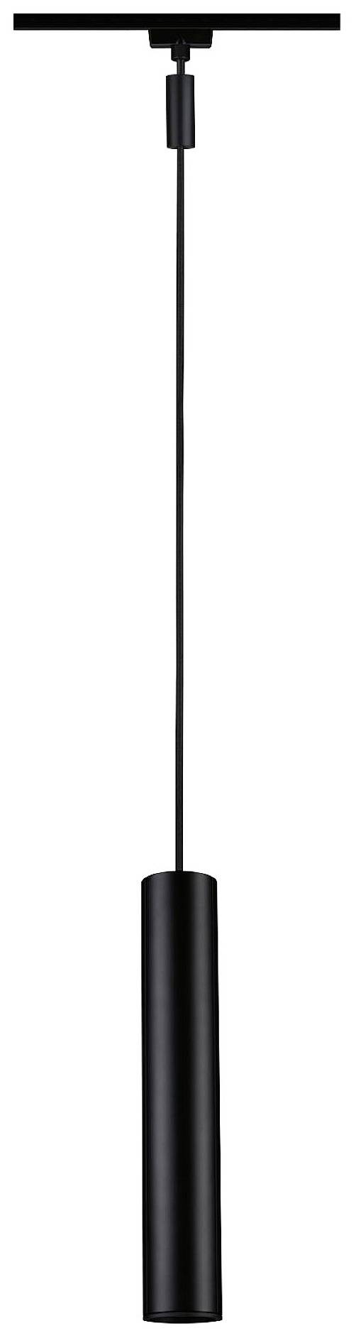 Una semplice lampada a sospensione nera con un paralume cilindrico lungo pende verticalmente dal soffitto.