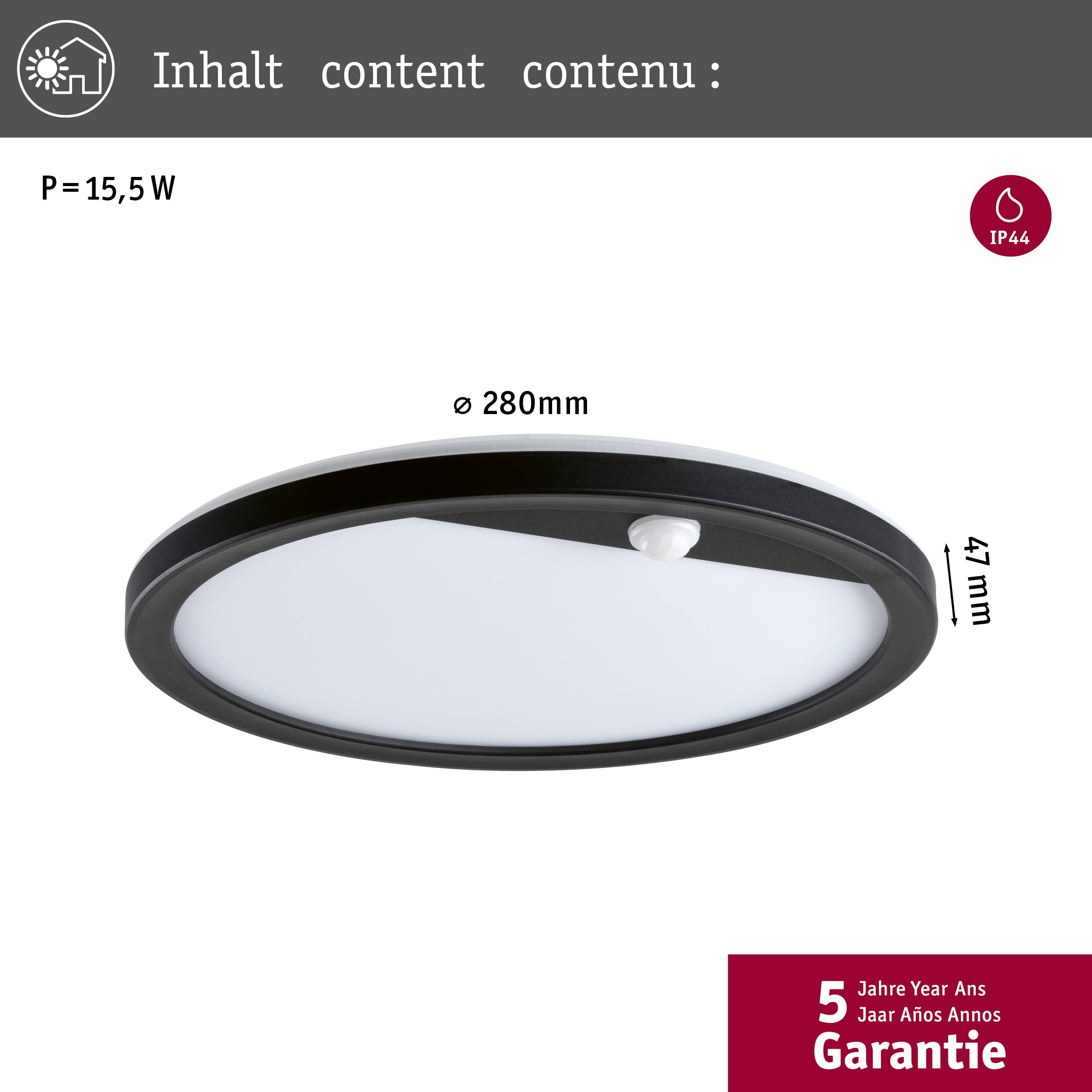 Plafoniera con sensore di movimento, 15,5W, Ø 280mm, altezza 47mm, IP44 per ambienti umidi, garanzia di 5 anni.