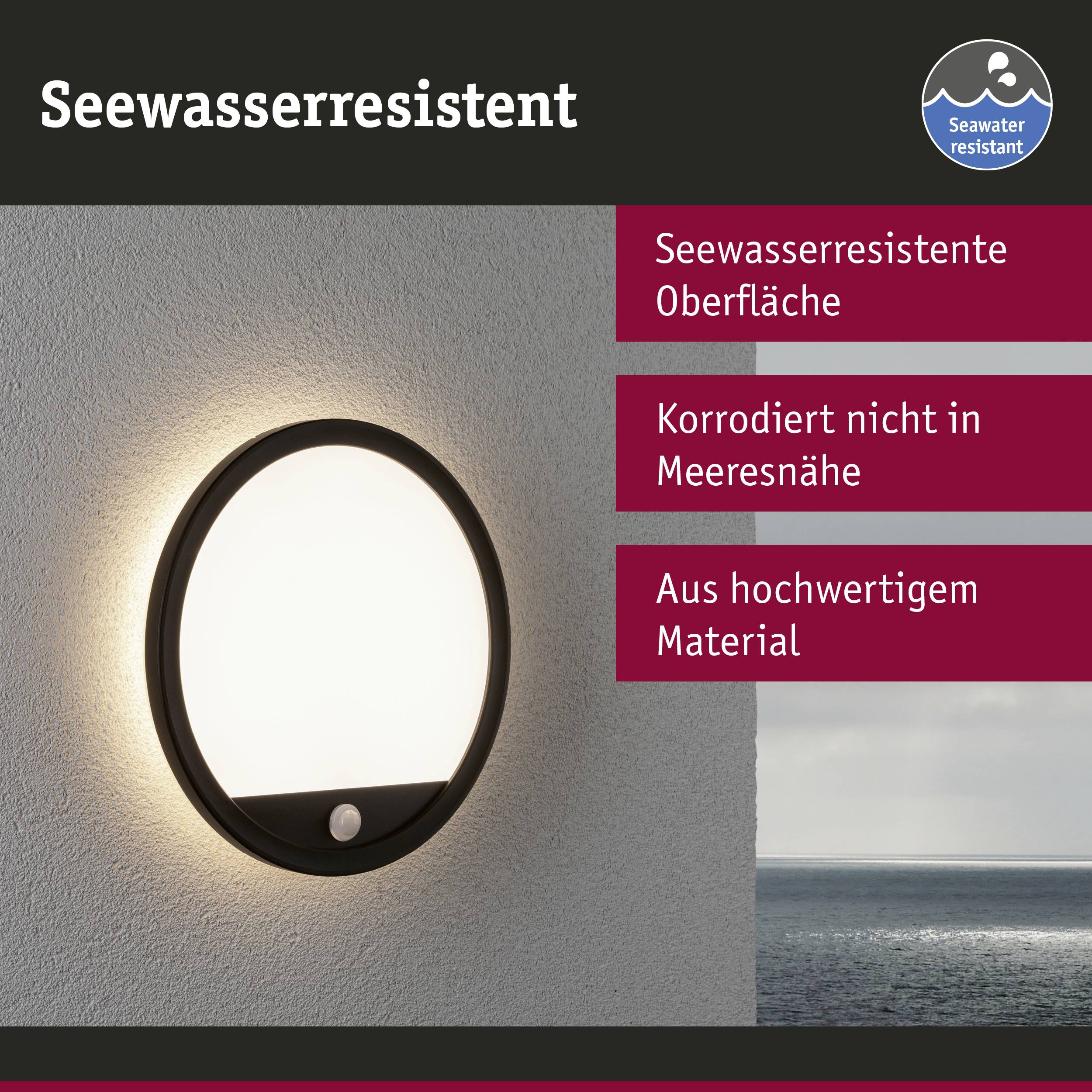 Applique murale dal design ovale realizzata in materiale resistente all'acqua marina. Adatta all'utilizzo in prossimità del mare. Resistente alla corrosione.
