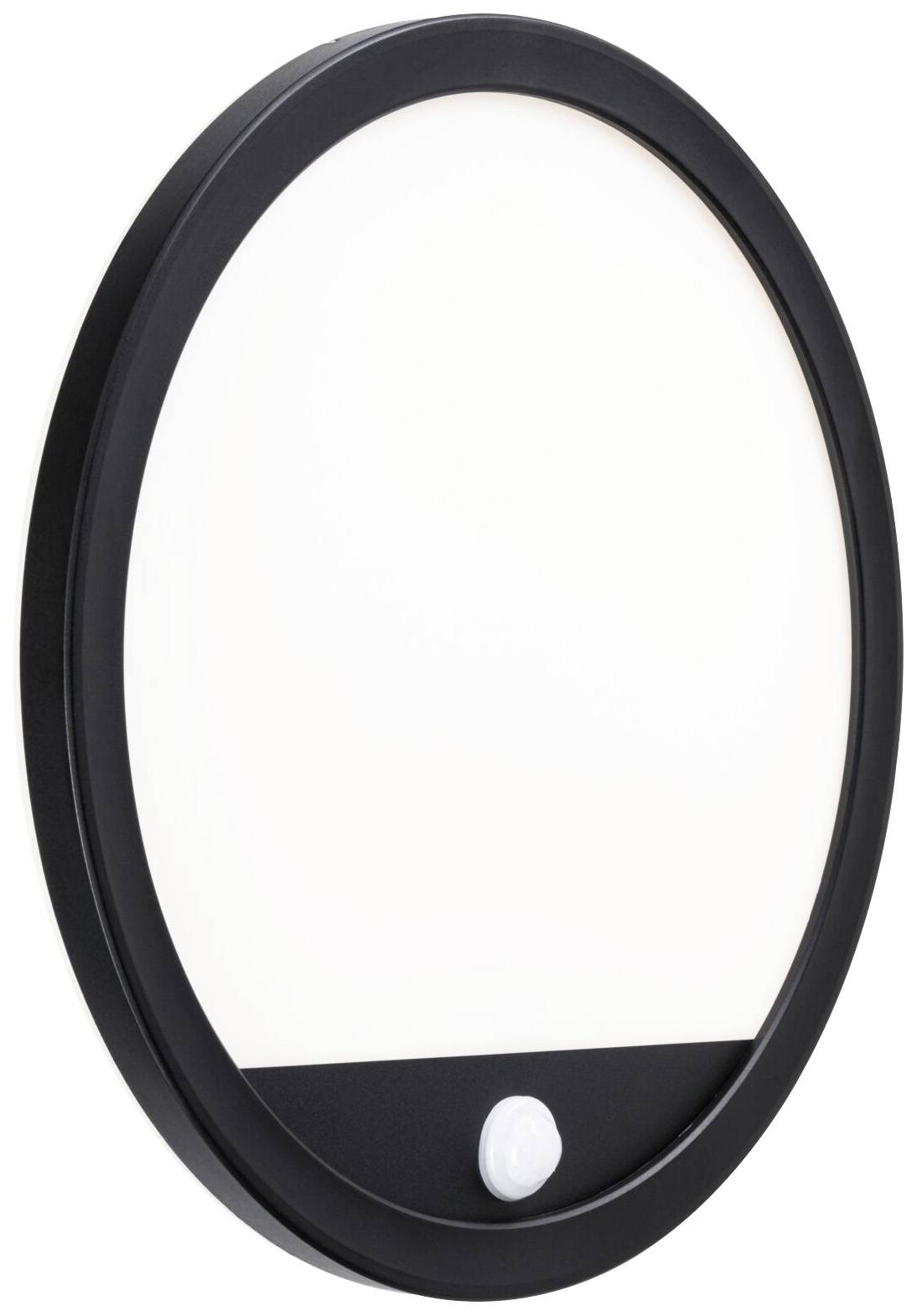 Applique rotonda nera con diffusore bianco e sensore di movimento integrato nella parte inferiore.