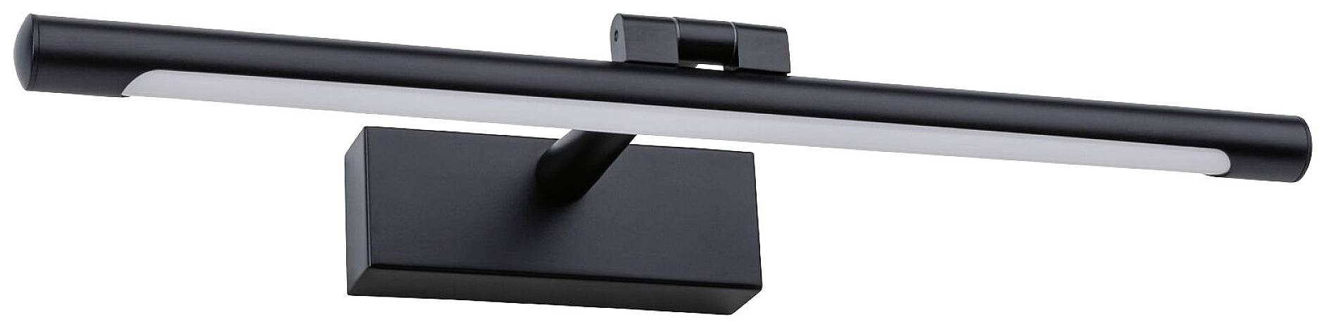 Applique LED nera dal design cilindrico allungato e base rettangolare, adatta all'illuminazione di opere d'arte a parete.