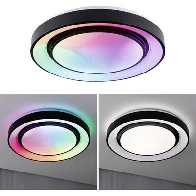 Lampada da soffitto rotonda con colore LED regolabile in bianco, blu e rosa. Mostra diversi modi di illuminazione.