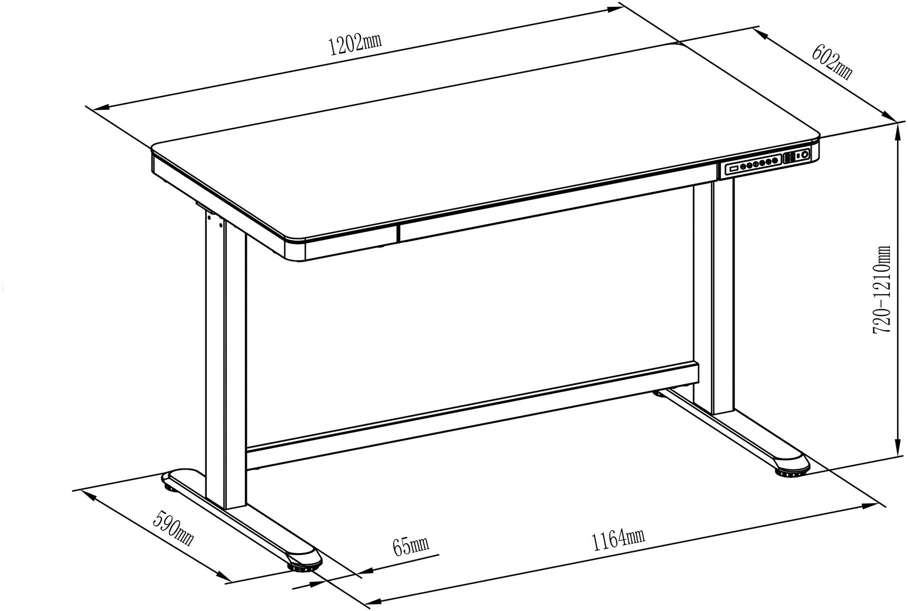 Disegno tecnico di una scrivania regolabile in altezza. Misure: larghezza 1202 mm, profondità 602 mm, altezza 720-1210 mm.