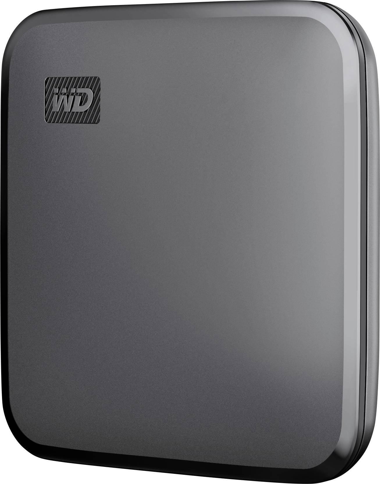 Hard disk esterno Western Digital in nero, raffigurato in posizione verticale.