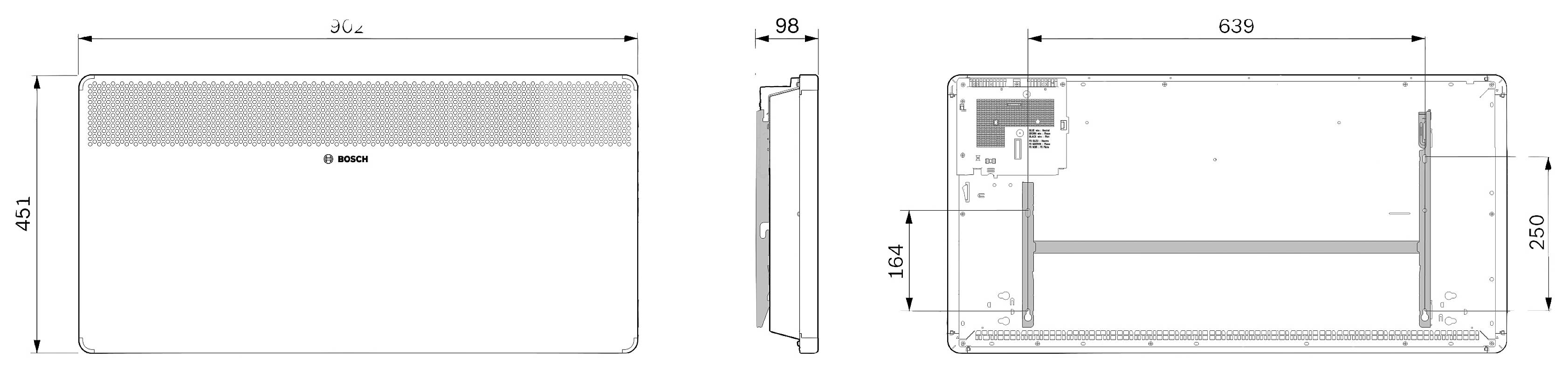 'Disegno tecnico di un dispositivo elettronico rettangolare con dimensioni: larghezza 354 mm, altezza 350 mm, profondità 98 mm, vista frontale e laterale.'