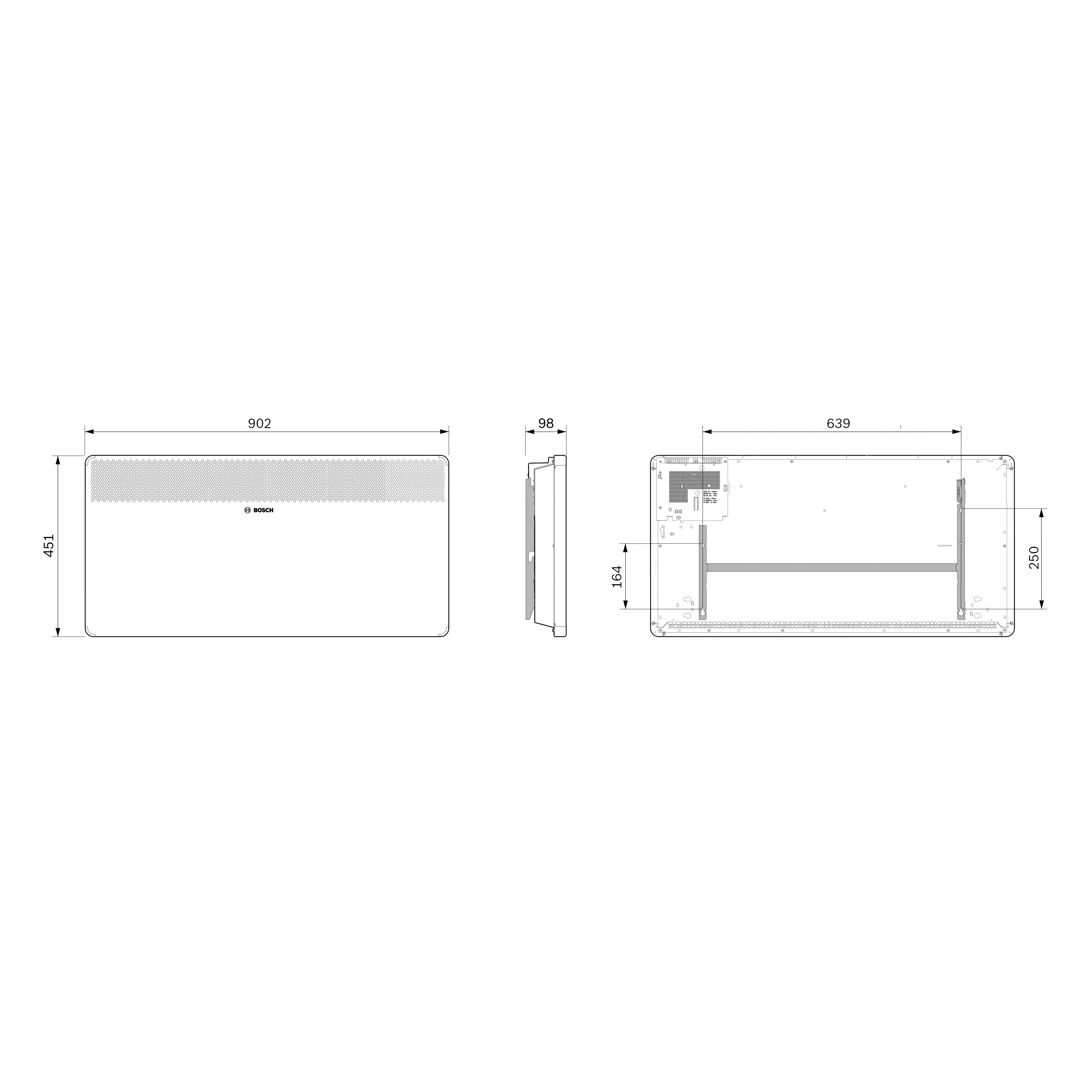 Disegno tecnico di un radiatore con dimensioni: larghezza 902 mm, altezza 451 mm, profondità 98 mm. Sono rappresentate le viste laterale e frontale.
