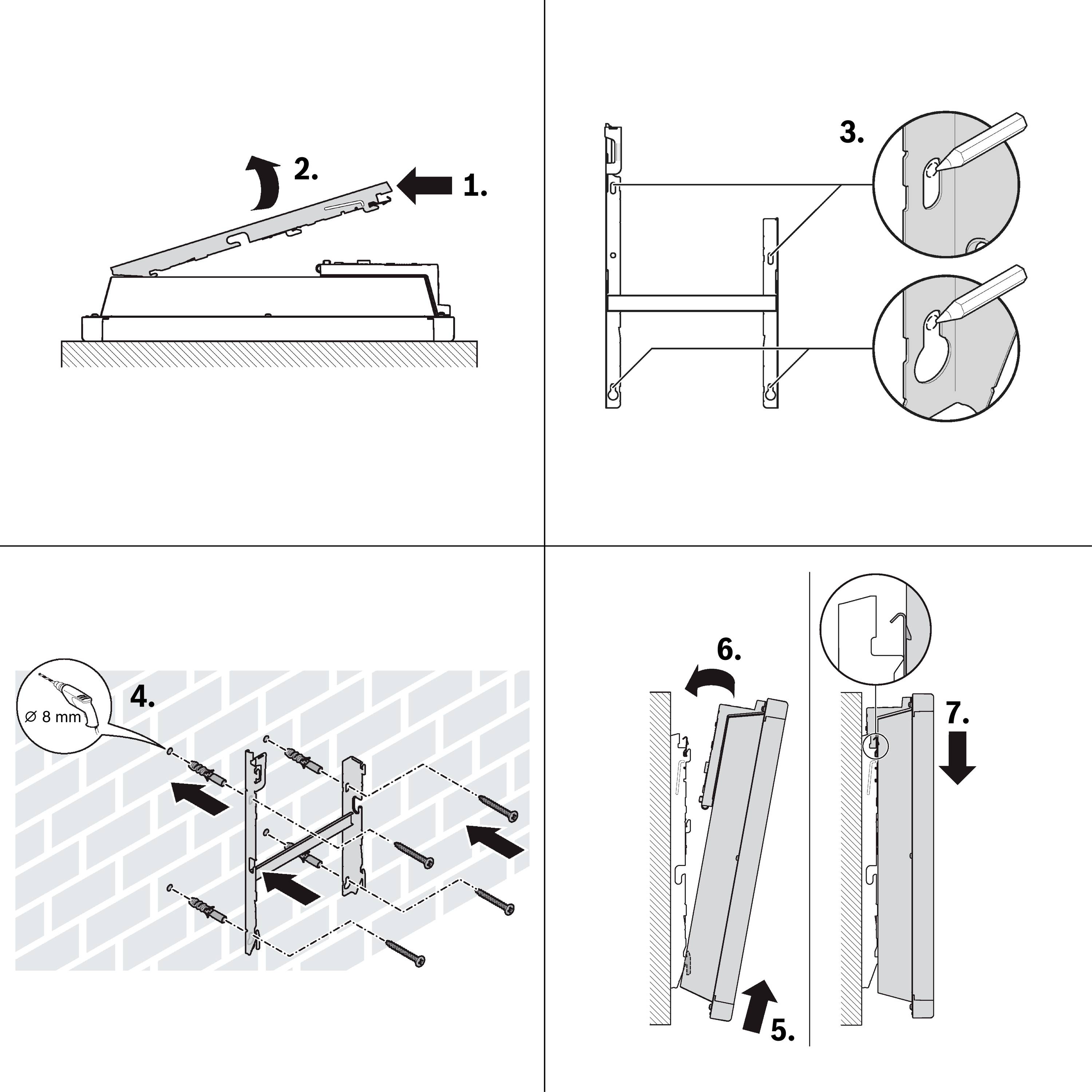 Guida passo-passo per il montaggio a parete: 1. Rimuovere il coperchio; 2. Fissare la staffa; 3. Contrassegnare la posizione di foratura; 4. Forare; 5. Fissare il supporto; 6. Posizionare il coperchio; 7. Bloccare.