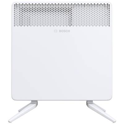 Radiatore elettrico bianco Bosch, in piedi su due gambe, con griglia di ventilazione forata nella parte superiore.