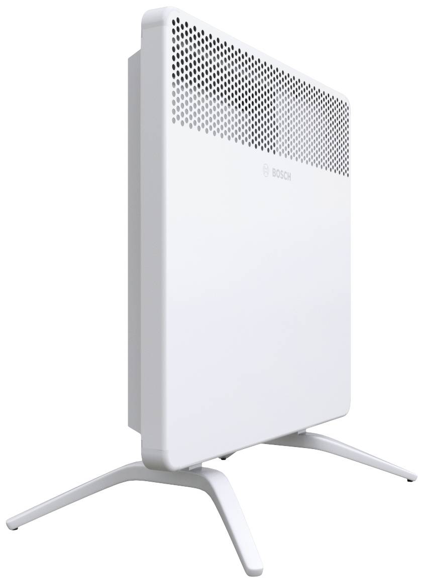 Un radiatore bianco, indipendente, con un motivo a griglia sulla parte superiore e una base stabile.