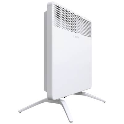 Un radiatore bianco, indipendente, con un motivo a griglia sulla parte superiore e una base stabile.