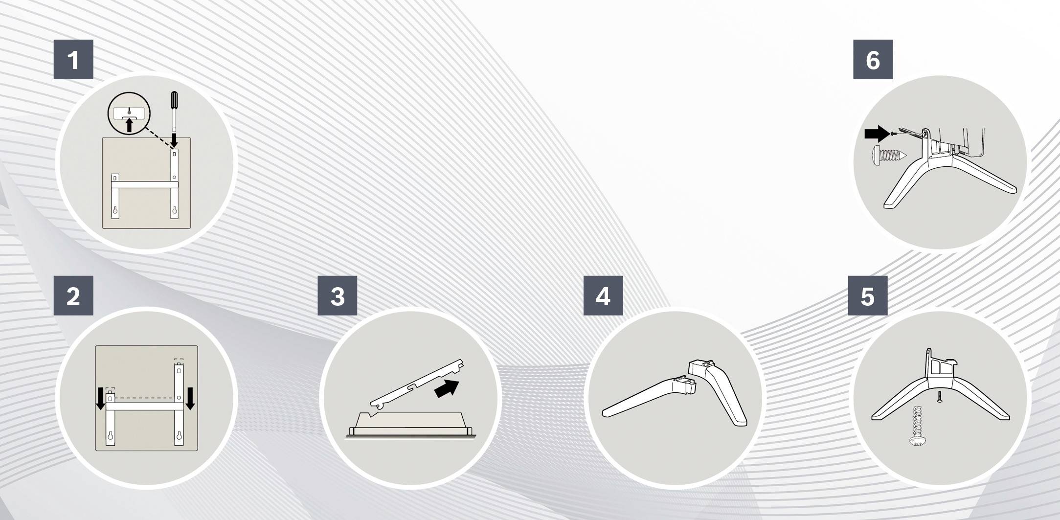 'Guida passo-passo per il montaggio di un mobile: 1) Fissare la vite in alto, 2) Allineare i componenti, 3) Applicare la leva, 4) Assicurare il collegamento, 5) Montare i piedi, 6) Fissare la cornice.'