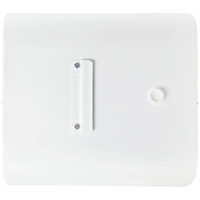 Copertura bianca in plastica con fissaggio a vite e un rilievo rotondo sul lato destro; design semplice e funzionale.