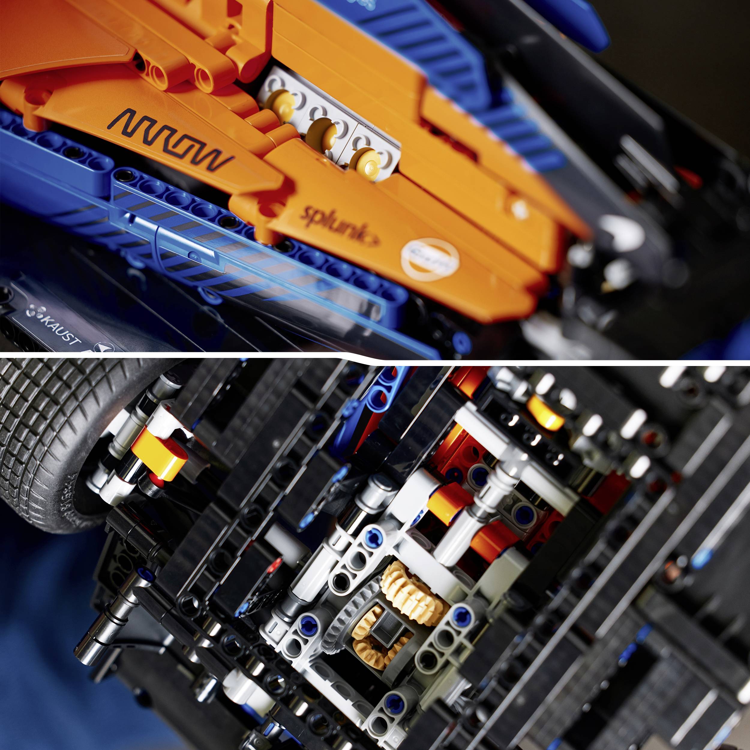 Primo piano di un modello LEGO dettagliato blu e arancione con parti meccaniche visibili e la scritta 'spleens'.