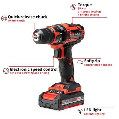 Avvitatore Einhell a batteria con impugnatura soft-grip per un uso ergonomico, mandrino autoserrante, coppia di 35 Nm e luce LED per un'illuminazione ottimale.
