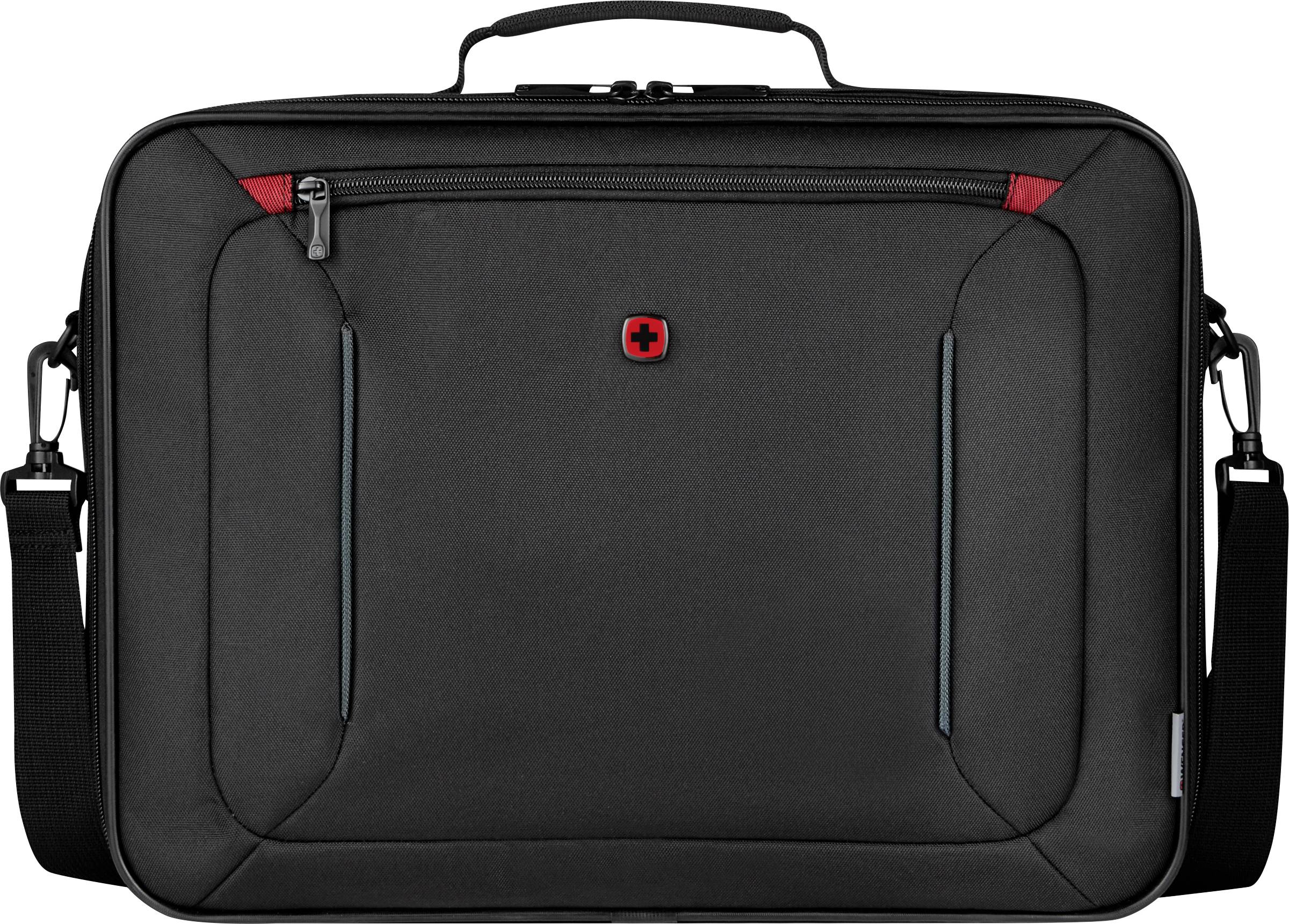 Borsa nera per laptop con manico e chiusura lampo, logo rosso al centro. Ideale per il trasporto sicuro dei laptop.