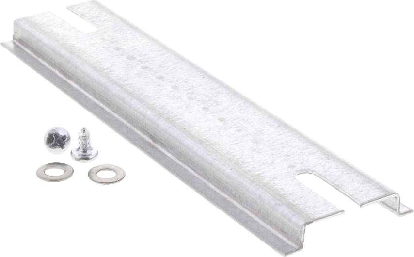 Set di montaggio in metallo composto da una lunga guida rettangolare, due viti e due rondelle, per fissaggi stabili.
