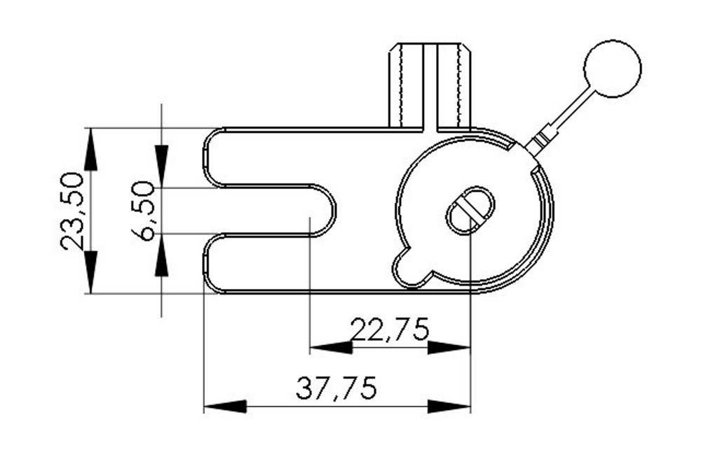 Disegno tecnico di una clips metallica con misure: altezza 23,50 mm, larghezza 37,75 mm, profondità 6,50 mm. Impugnatura a leva in alto a destra.