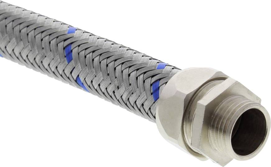 Tubo metallico intrecciato con accenti blu; raccordo metallico all'estremità, adatto per connessioni industriali.