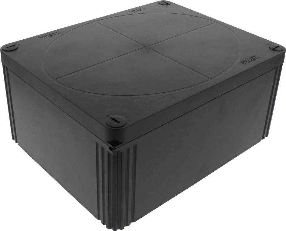 'Contenitore nero in plastica con coperchio rimovibile, utilizzato per proteggere connessioni elettroniche o elettriche.'