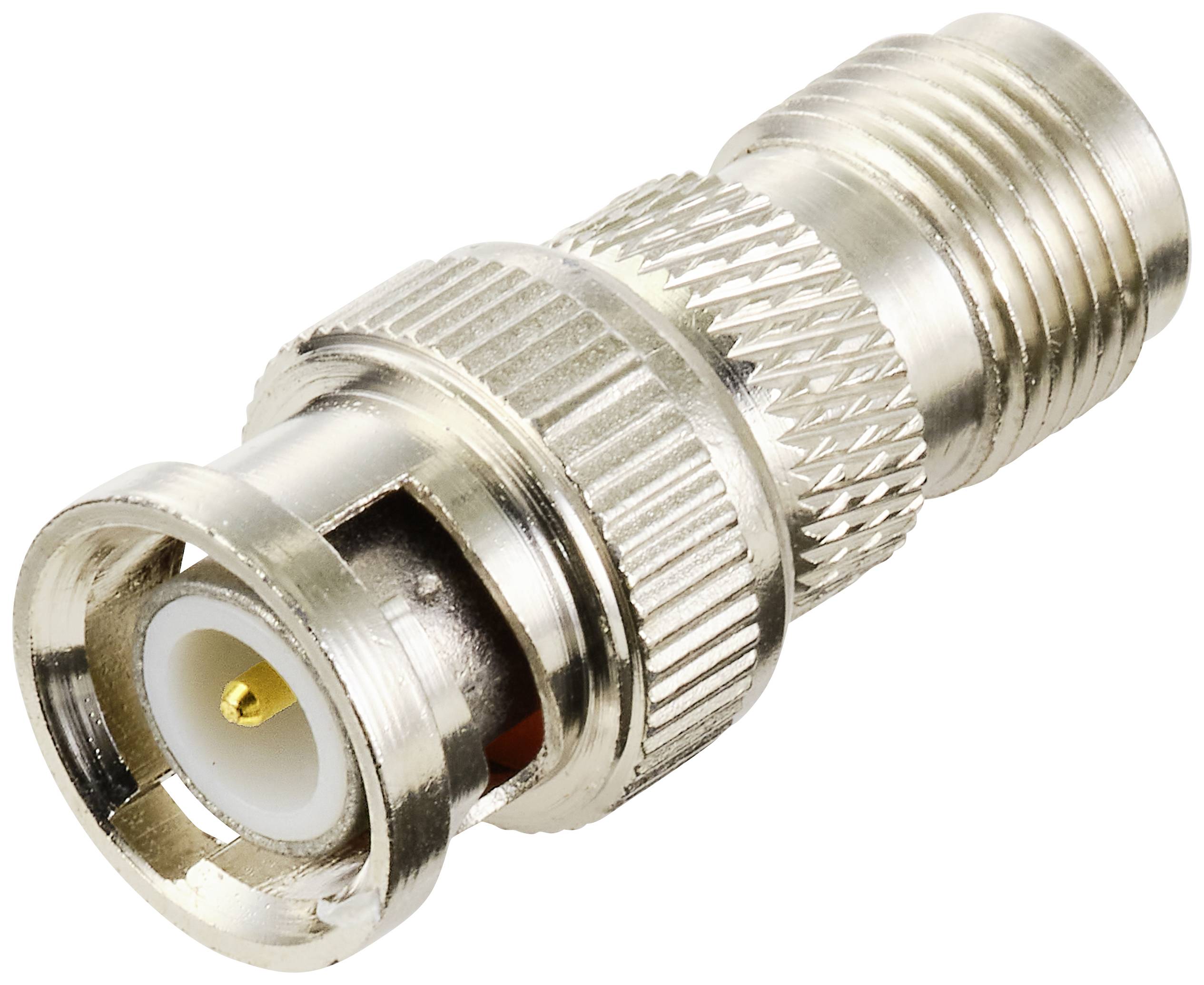 Un adattatore RF con un connettore BNC su un lato e un connettore di tipo N sull'altro lato, realizzato in metallo.