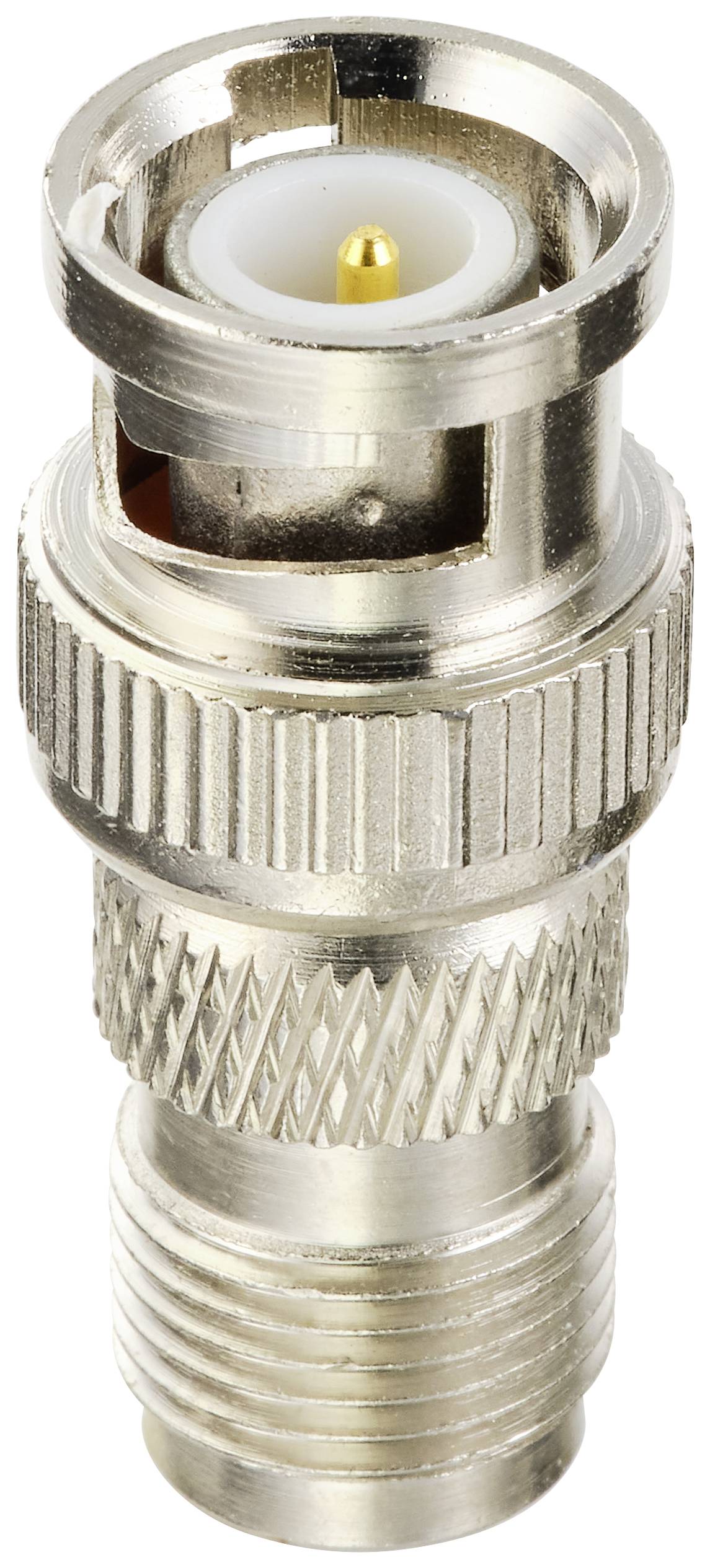 Connettore metallico cilindrico, con impugnatura zigrinata, che mostra un pin di contatto dorato; comunemente utilizzato per cavi coassiali.