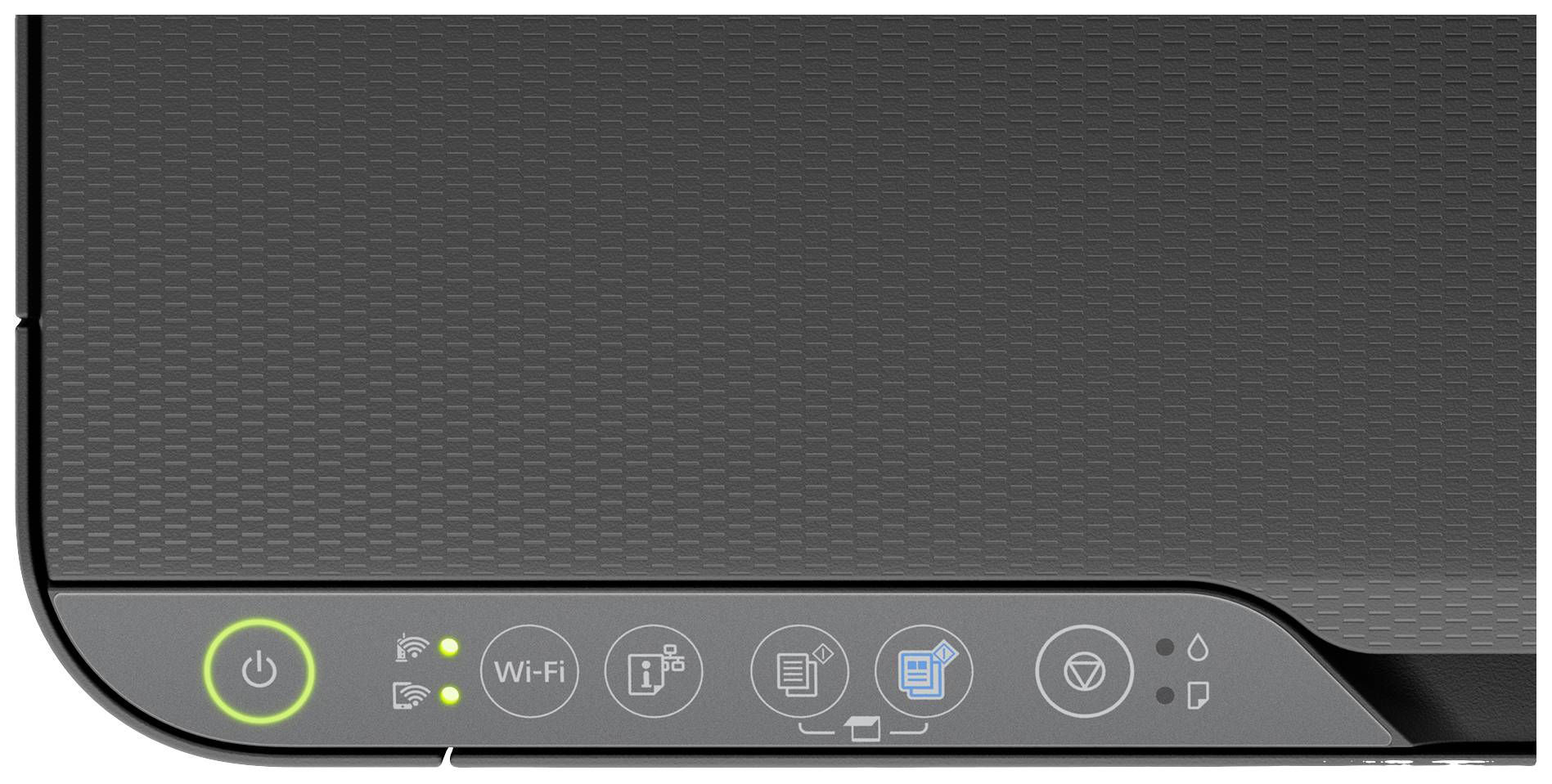'Vista dall'alto di una stampante con indicatore luminoso di accensione e simboli per Wi-Fi, livello dell'inchiostro, carta e stato di stampa.'
