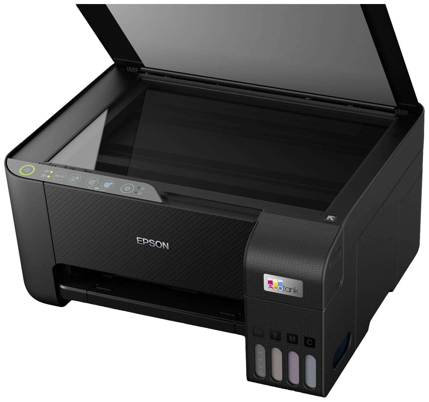 Stampante con coperchio dello scanner aperto e indicatore del livello d'inchiostro sul lato anteriore.