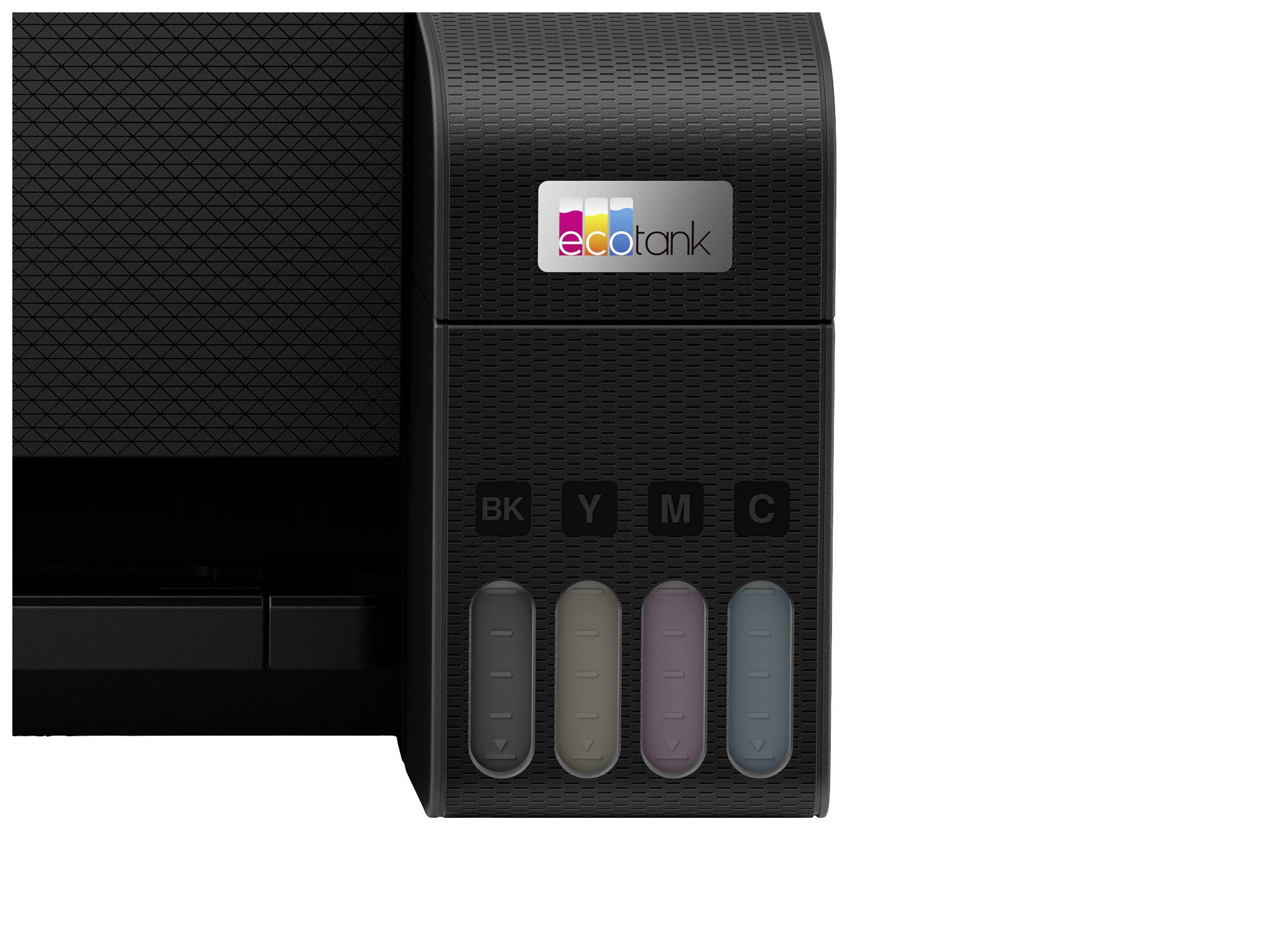 Stampante nera con serbatoi di inchiostro visibili nei colori nero, giallo, magenta e ciano; etichetta 'eco tank' in alto.
