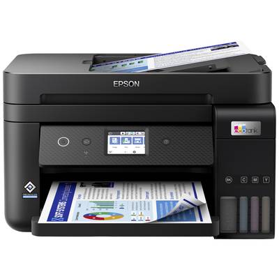 Una stampante Epson sta stampando un documento colorato con diagrammi e testo. Sul display sono visibili le opzioni di stampa.