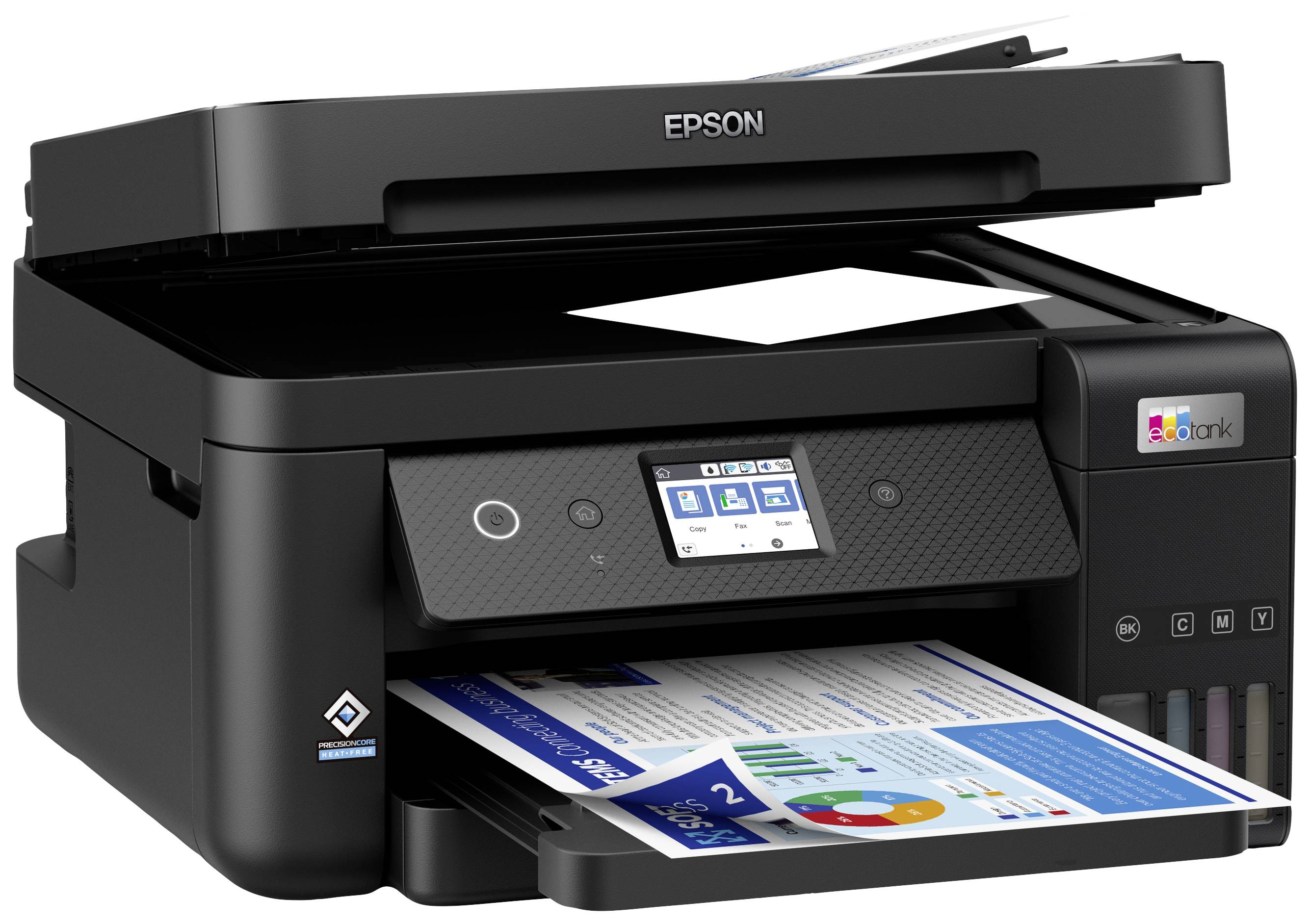 Una stampante multifunzione nera con documento appena scansionato. Display digitale e pannello di controllo anteriori, vassoio carta inferiore.