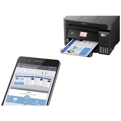 Uno smartphone mostra l'app 'Epson Smart Panel', mentre una stampante Epson sta stampando un documento con diagrammi e testo.