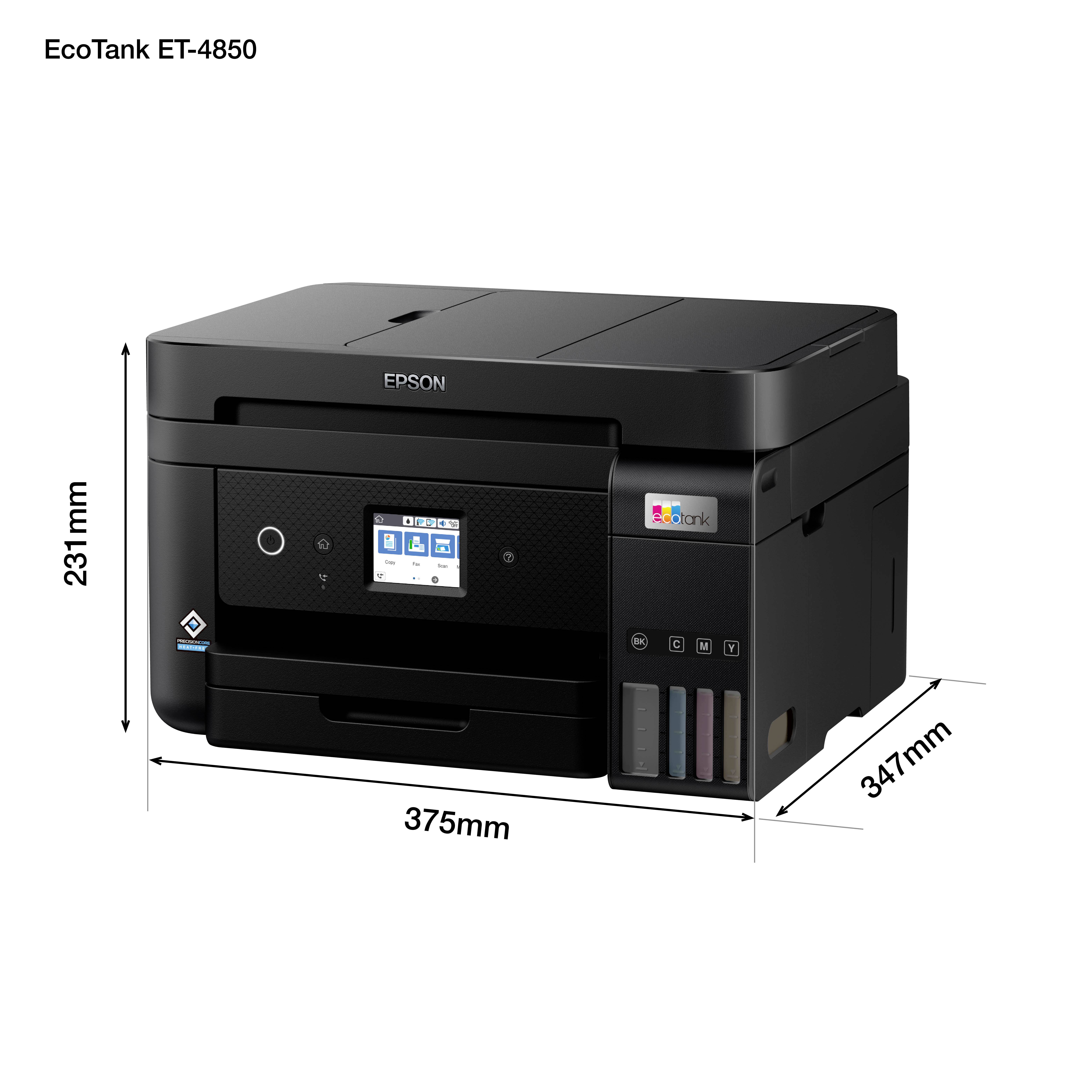 'Stampante Epson EcoTank ET-4850, Dimensioni: 231mm altezza, 375mm larghezza, 347mm profondità. Pannello di visualizzazione e controllo frontale, serbatoi di inchiostro visibili.'
