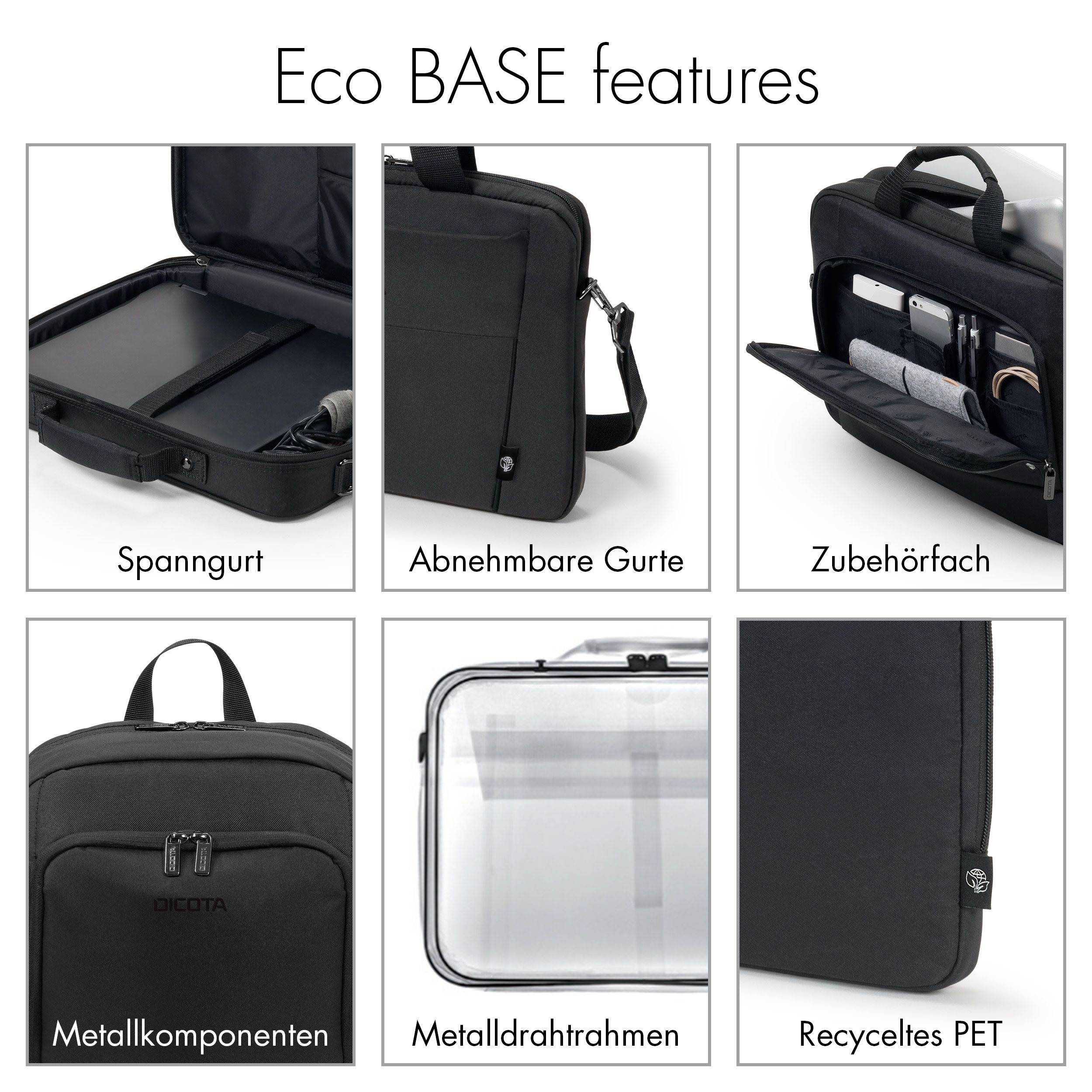 Caratteristiche del prodotto della borsa Eco BASE: cinghia di fissaggio, cinghie removibili, tasca per accessori, componenti metalliche, telaio in filo metallico, PET riciclato.