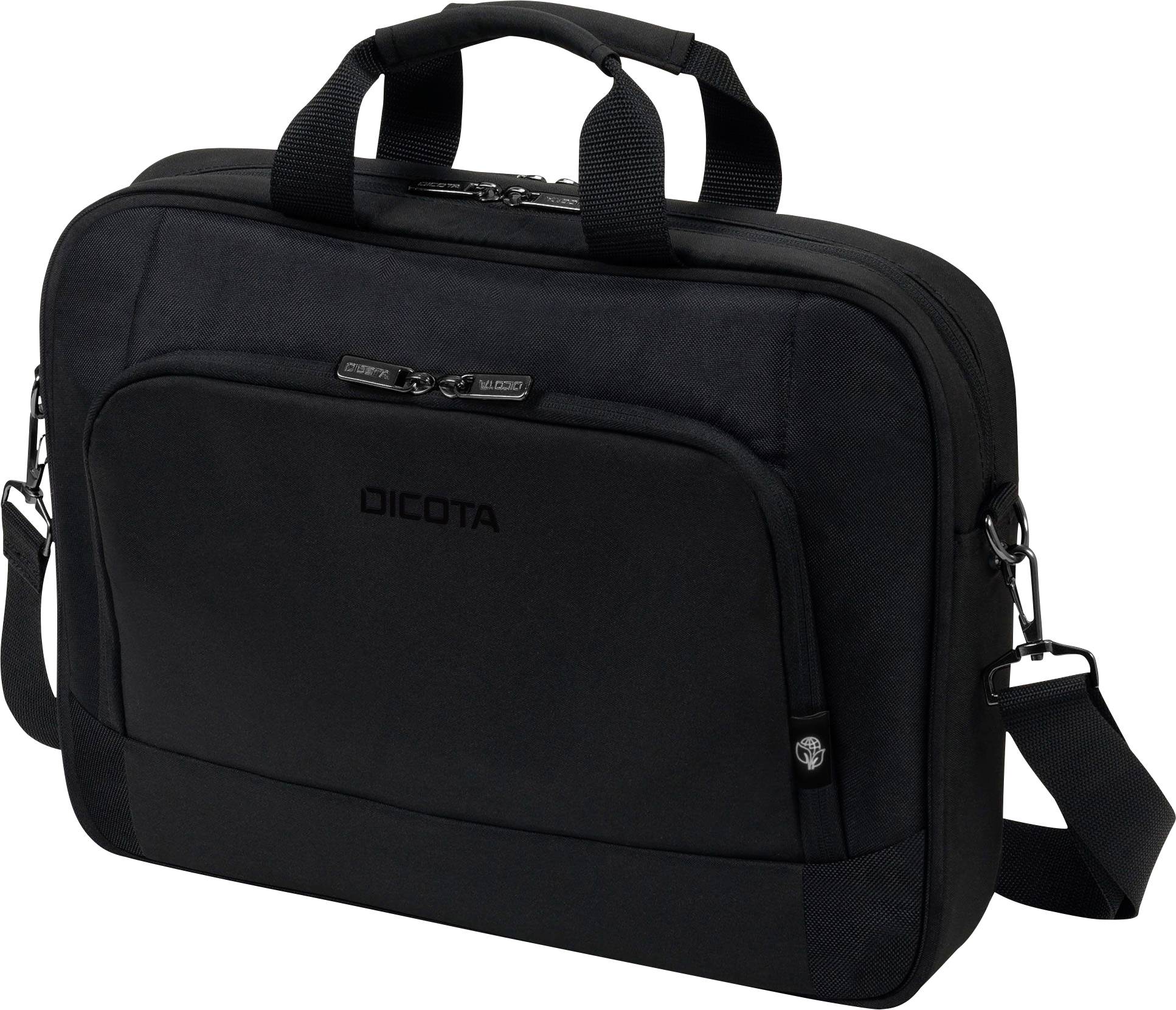 Una borsa nera da lavoro con manici e tracolla. Etichetta del marchio 'DICOTA' visibile sul lato anteriore.