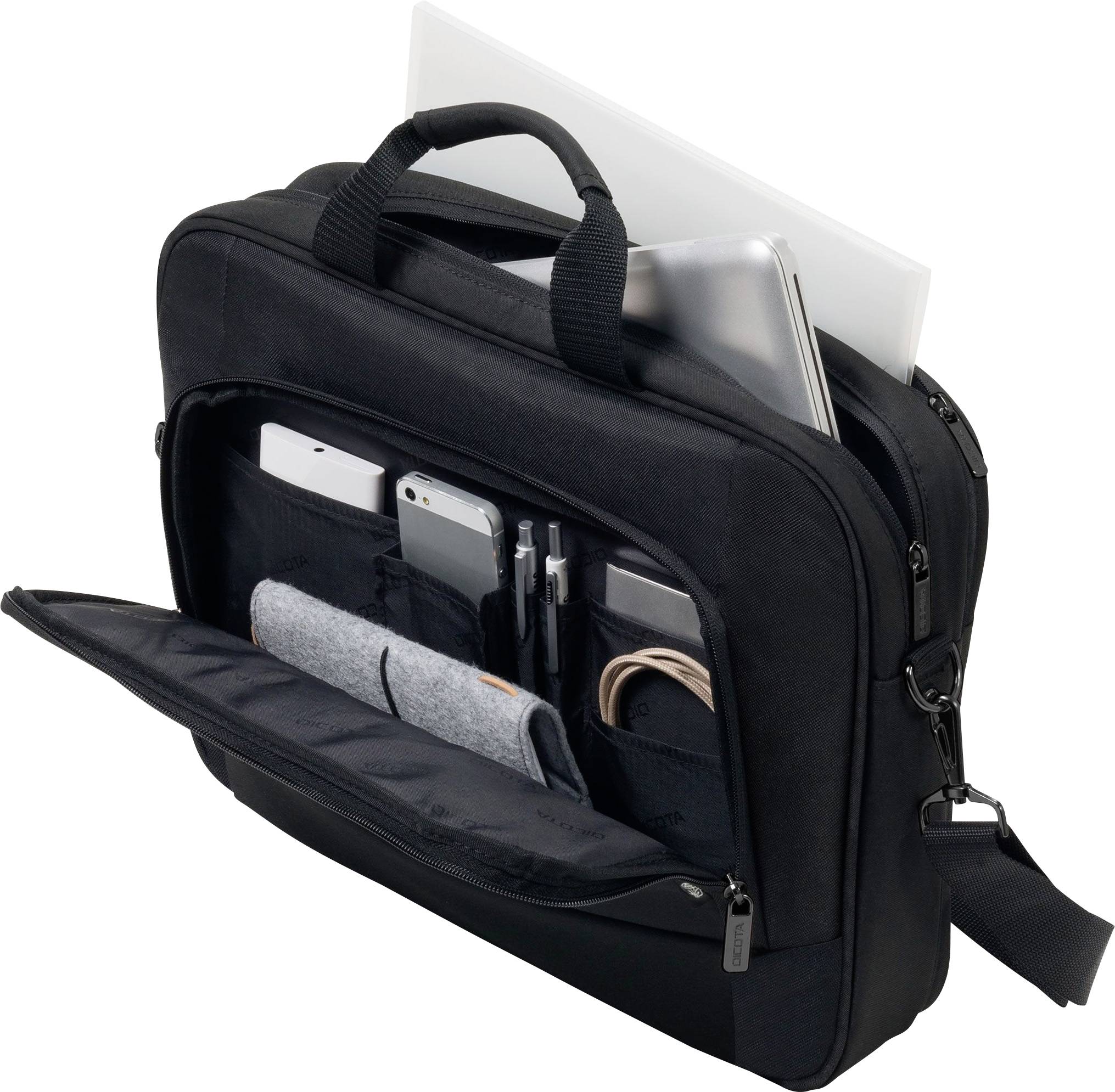 Borsa per laptop nera con scomparto aperto; mostra laptop, tablet e diversi accessori da ufficio. Ideale per viaggi di lavoro organizzati.