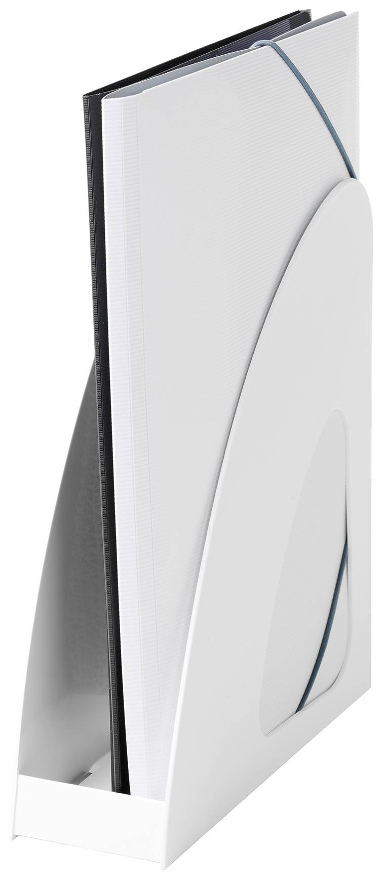 Raccoglitore per riviste bianco con grande raccoglitore. Il comparto è in posizione verticale, mostrando il design moderno e snello del raccoglitore.