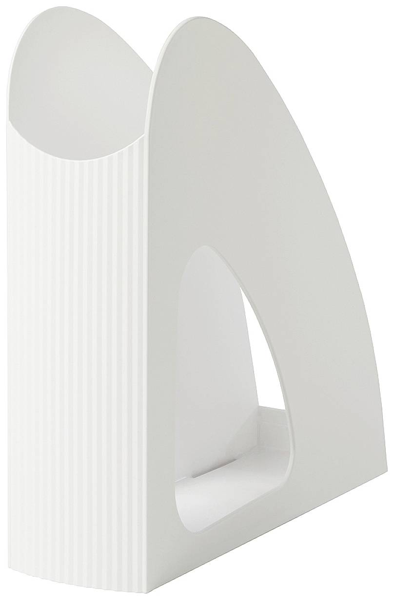 Raccoglitore per riviste bianco con design moderno e curvilineo, con parte anteriore aperta per un facile prelievo dei documenti.