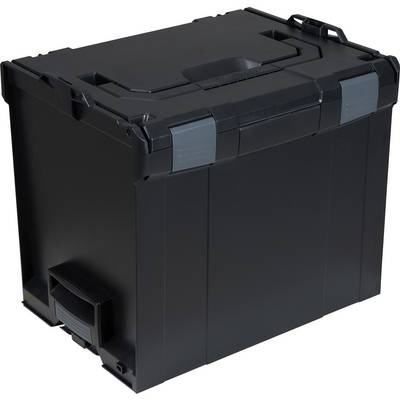 Contenitore Systainer nero in plastica con manico e chiusura, idoneo per lo stoccaggio o il trasporto di utensili e materiali.