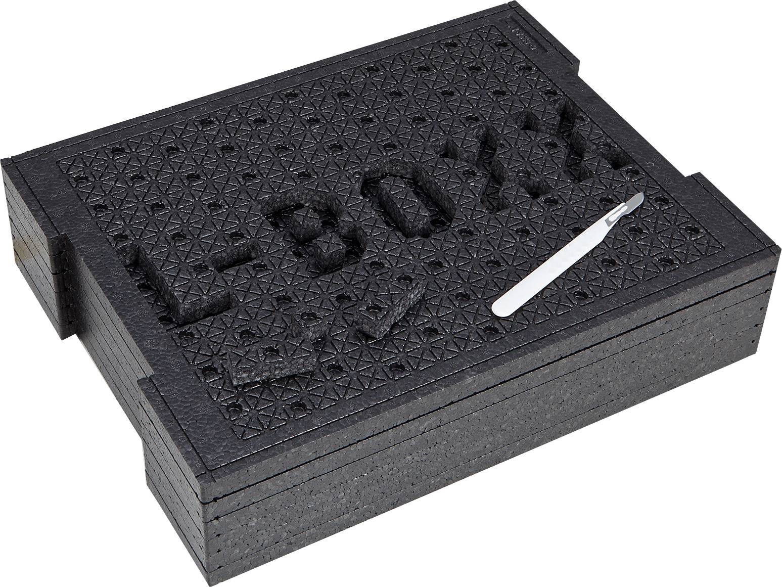 Un'imbottitura in schiuma nera con la scritta 'L-BOXX' e un vano ritagliato per un utensile o accessorio.