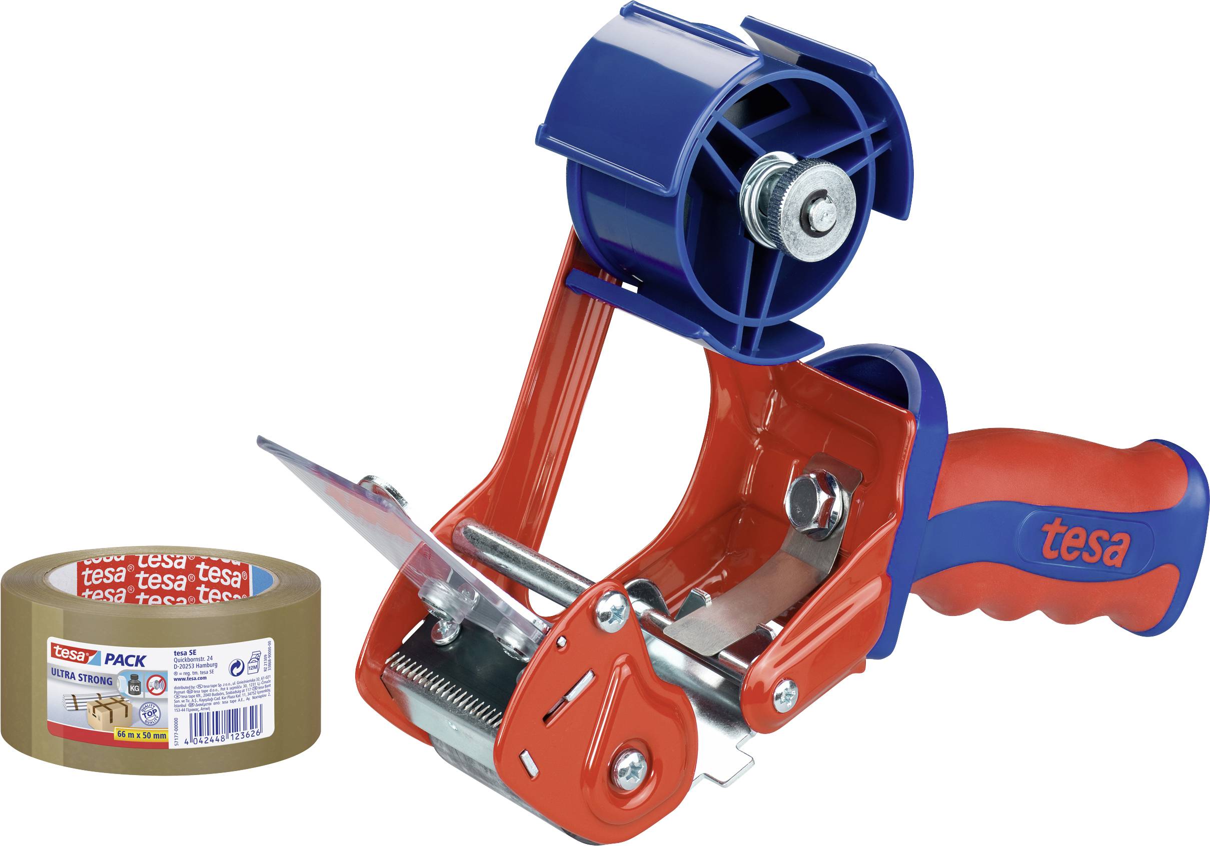 Un dispenser rosso per nastro adesivo con modulo blu e rotolo di ricambio di nastro marrone. Adatto per sigillare facilmente i pacchi.