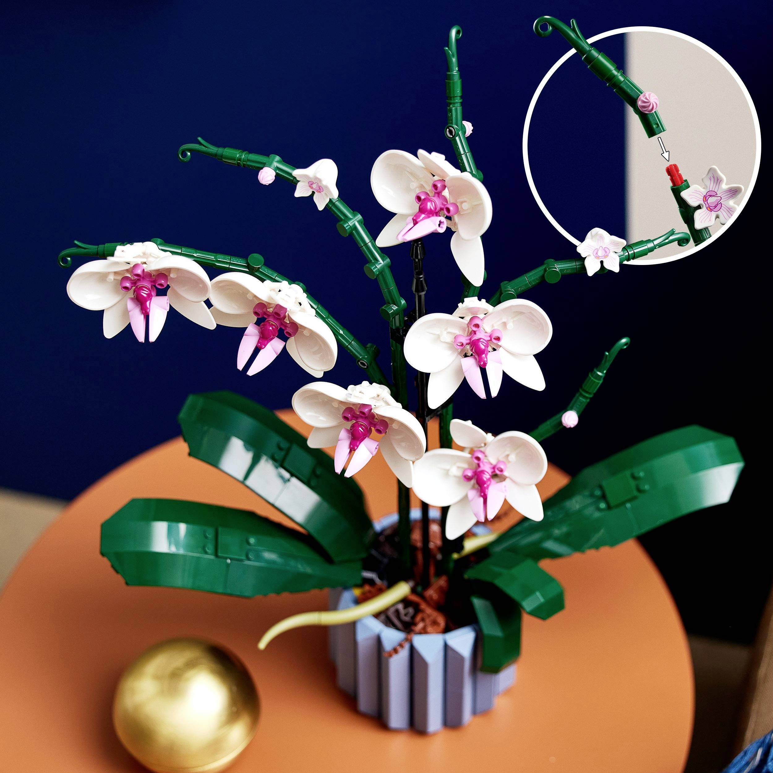 Set Lego di un'orchidea con fiori bianchi e steli verdi su un tavolo rotondo.